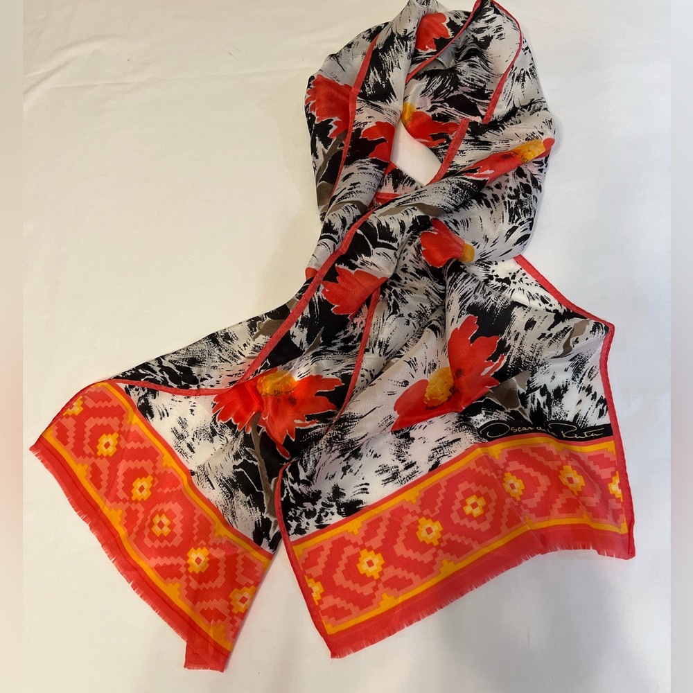 Oscar de la Renta dramatic abstract floral geometric trim silk long scarf